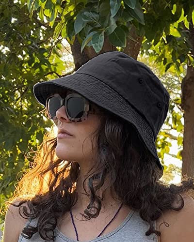 Camptrace Bucket Hat for Women Men Canvas Washed Cotton Trendy Distressed Womens Summer Beach Sun Hats with Detachable String (Black, Large)