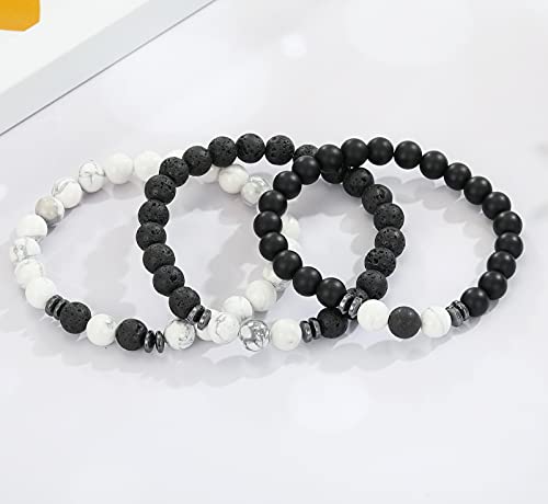 MengPa Mens Beaded Bracelets Matte Lava Rock Volcanic Stone Beads for Women Stretch Bracelet White Howlite Fashion Jewelry US4543B