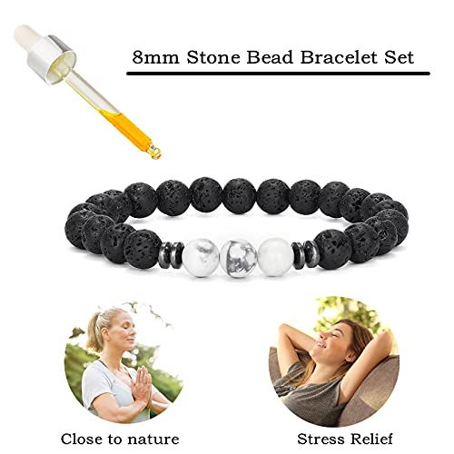 MengPa Mens Beaded Bracelets Matte Lava Rock Volcanic Stone Beads for Women Stretch Bracelet White Howlite Fashion Jewelry US4543B