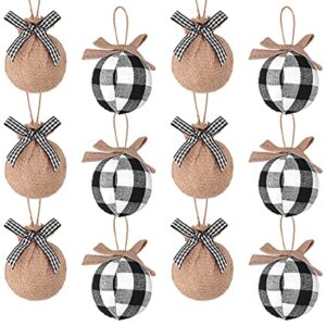 christmas decorations tree ornaments, 12pcs buffalo plaid burlap farmhouse christmas ornaments, black white country xmas decor indoor, cute rustic xmas balls for home office family holiday party