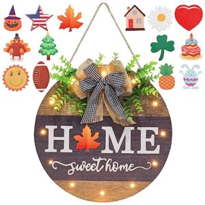 interchangeable welcome sign for front door with 14 changeable icons, farmhouse front porch decor rustic wooden wall sign with 12 led lights, outdoor seasonal welcome home decorations (wood home1)