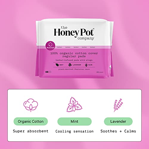 The Honey Pot Company - Regular Flow Pads with Wings - Organic Pads for Women - Herbal Infused w/Essential Oils for Cooling Effect, Cotton Cover, & Ultra-Absorbent Pulp Core - Feminine Care - 20 ct