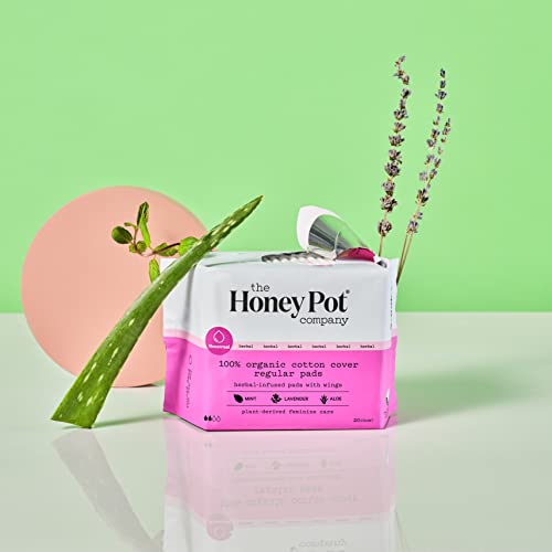 The Honey Pot Company - Regular Flow Pads with Wings - Organic Pads for Women - Herbal Infused w/Essential Oils for Cooling Effect, Cotton Cover, & Ultra-Absorbent Pulp Core - Feminine Care - 20 ct