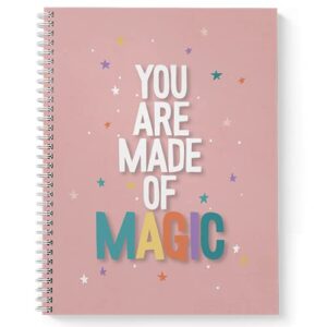 softcover made of magic 8.5" x 11" motivational spiral notebook/journal, 120 wide ruled pages, durable gloss laminated cover, white wire-o spiral. made in the usa