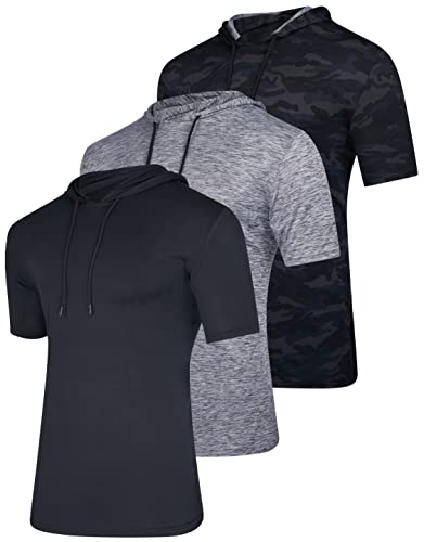 3 Pack: Mens Dry Fit Moisture Wicking Short Sleeve Active Athletic Hoodie Pullover Sweatshirt Workout Running Fitness Gym Sports Casual Tee Outdoor Summer Hiking Beach Outfit- Set 5, L