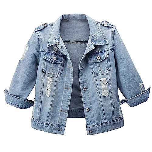 Hixiaohe Women Autumn 3/4 Sleeve Retro Short Denim Jackets Light Blue Jean Coats(03 Light Blue,3XL)