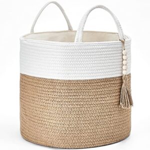 mkono woven storage basket decorative natural rope basket wooden bead decoration for blankets,toys,clothes,shoes,plant organizer bin with handles living room home decor, 16"x13",white and yellow