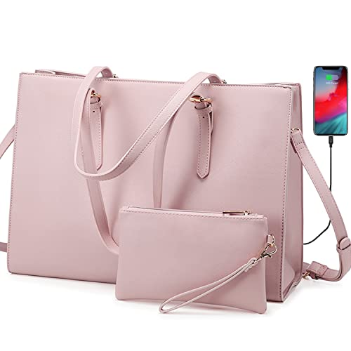 LOVEVOOK Laptop Bag for Women, Fashion Computer Tote Bag Large Capacity Handbag, Leather Shoulder Bag Purse Set, Professional Business Work Briefcase for Office Lady, 2PCs, 15.6-Inch, Light Pink