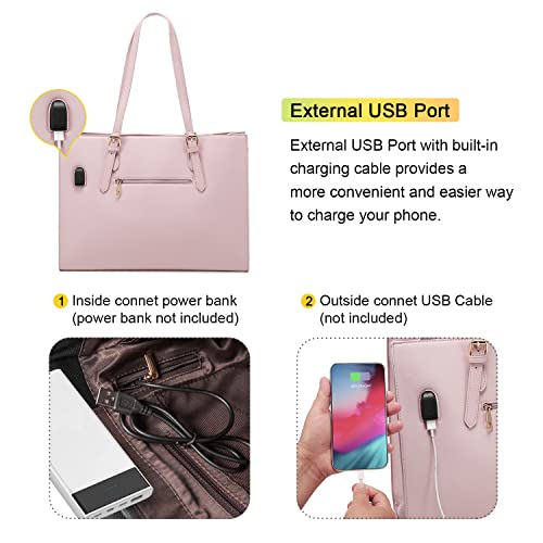 LOVEVOOK Laptop Bag for Women, Fashion Computer Tote Bag Large Capacity Handbag, Leather Shoulder Bag Purse Set, Professional Business Work Briefcase for Office Lady, 2PCs, 15.6-Inch, Light Pink