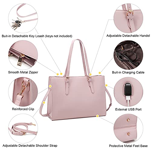 LOVEVOOK Laptop Bag for Women, Fashion Computer Tote Bag Large Capacity Handbag, Leather Shoulder Bag Purse Set, Professional Business Work Briefcase for Office Lady, 2PCs, 15.6-Inch, Light Pink