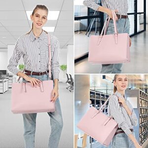 LOVEVOOK Laptop Bag for Women, Fashion Computer Tote Bag Large Capacity Handbag, Leather Shoulder Bag Purse Set, Professional Business Work Briefcase for Office Lady, 2PCs, 15.6-Inch, Light Pink