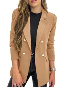 hdieso women's solid color casual long sleeve lapel button blazer jacket khaki