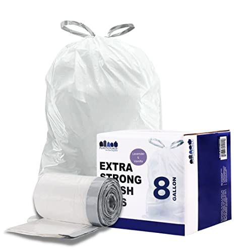 Plasticplace 8 Gallon Trash Bags │ 0.7 Mil │ Lavender and Soft Vanilla Scented Garbage Can Liners │ 22" x 22" (200 Count), White