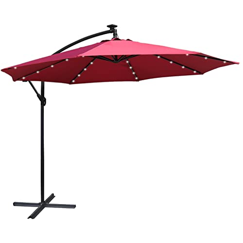 SUNLAX Solar Offset Umbrella, 10ft Cantilever Hanging Burgundy Umbrella with 32 LED Lights Market Deck Patio Umbrellas Cross Base Included