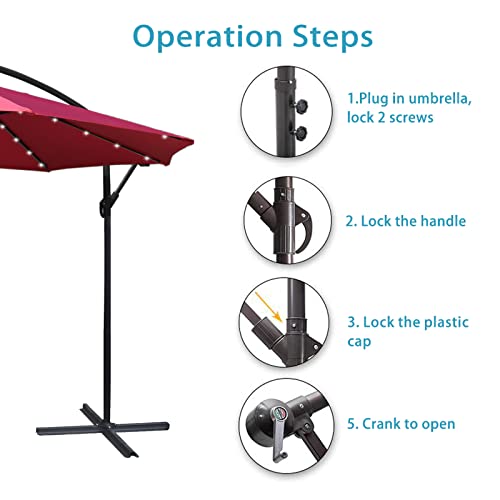 SUNLAX Solar Offset Umbrella, 10ft Cantilever Hanging Burgundy Umbrella with 32 LED Lights Market Deck Patio Umbrellas Cross Base Included