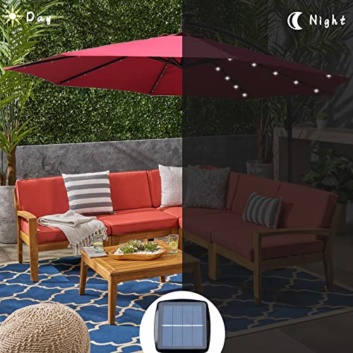 SUNLAX Solar Offset Umbrella, 10ft Cantilever Hanging Burgundy Umbrella with 32 LED Lights Market Deck Patio Umbrellas Cross Base Included