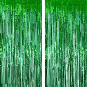 2 pack green foil curtains 3.2 ft x 8.2 ft metallic tinsel fringe backdrops photo booth props for birthday wedding christmas bridal shower bachelorette holiday party