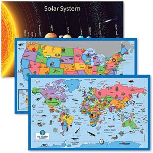 palace learning 3 pack - solar system poster for kids [long] + illustrated world and usa map charts (laminated, 18" x 29")