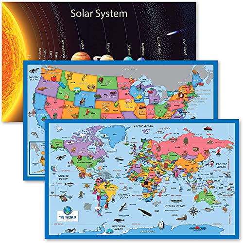 Palace Learning 3 Pack - Solar System Poster for Kids [Long] + Illustrated World and USA Map Charts (LAMINATED, 18" x 29")