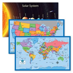 palace learning 3 pack - solar system poster for kids [long] + simplified usa & world map set [blank] (laminated, 18" x 29")