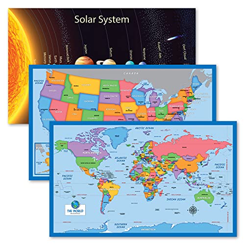 Palace Learning 3 Pack - Solar System Poster for Kids [Long] + Simplified USA & World Map Set [Blank] (LAMINATED, 18" x 29")