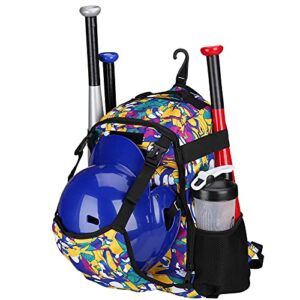zoea baseball bat bag backpack, t-ball & softball equipment & gear for youth, large capacity holds 2 bats, helmet, gloves, cleats, helmet holder and includes fence hook (purple)
