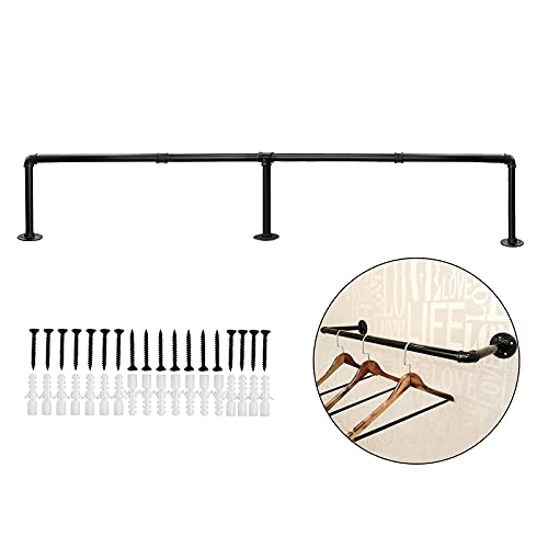 STARKOO Clothes Rack, 72in Industrial Pipe Wall Mounted Clothing Rack, Closet Garment Rack for Hanging Clothes, Heavy Duty Black Steel Iron Hanging Rod Bar for Laundry Room 3 Base