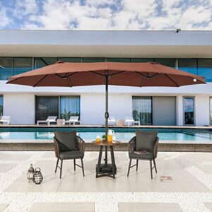 LOKATSE HOME 15 Ft Twin Patio Umbrella Double Sided Outdoor Sunshade Canopy with Crank for Garden Table Market Beach Shade Outside Deck or Pool, Brown