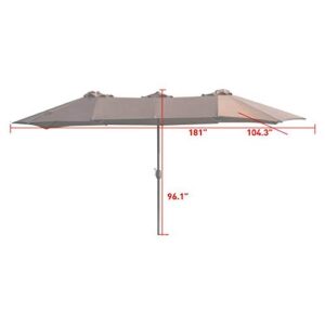 LOKATSE HOME 15 Ft Twin Patio Umbrella Double Sided Outdoor Sunshade Canopy with Crank for Garden Table Market Beach Shade Outside Deck or Pool, Brown