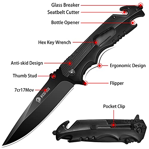 NedFoss Pocket Knife for Men, 5-in-1 Multitool Folding Knife with Bottle Opener, Glass Breaker, Seatbelt Cutter and Wrench, Survival Knife for Emergency Rescue Situations, Home Improvements