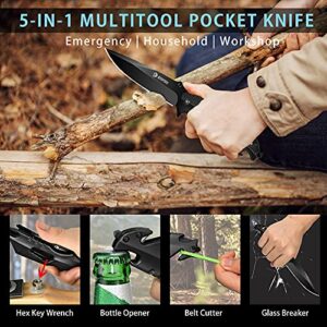 NedFoss Pocket Knife for Men, 5-in-1 Multitool Folding Knife with Bottle Opener, Glass Breaker, Seatbelt Cutter and Wrench, Survival Knife for Emergency Rescue Situations, Home Improvements