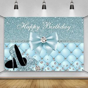 awert polyester 6x3.6ft happy birthday banner glitter high heels diamonds bowknot blue gold sign poster for birthday backdrop for women girls birthday party decorations banner