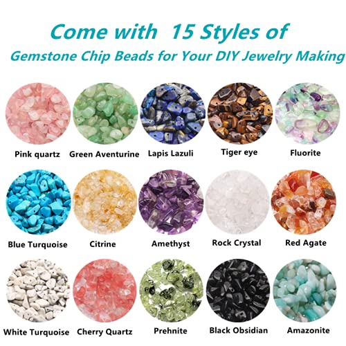 GangGangHao 1888 Pcs Natural Chip Stone Beads About 500g Irregular Gemstones Healing Crystal Loose Rocks Bead Hole Drilled DIY for Bracelet Jewelry Making Crafting (5-8mm, 15 Color Mix-S1)