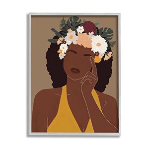 stupell industries female pondering tropical floral crown monstera leaf, designed by jj design house llc gray framed wall art, 24 x 30, brown