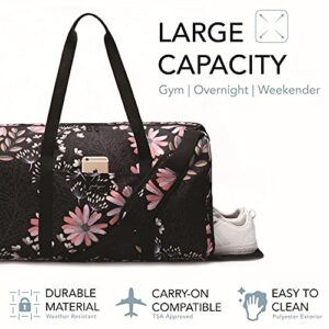 Jadyn 22" Women's Large Duffel/Weekender Bag with Shoe Pocket, Travel Bag (Black Floral)