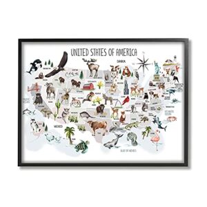 stupell industries united states of america map of animals kid's illustration, designed by studio q black framed wall art, 24 x 30, brown