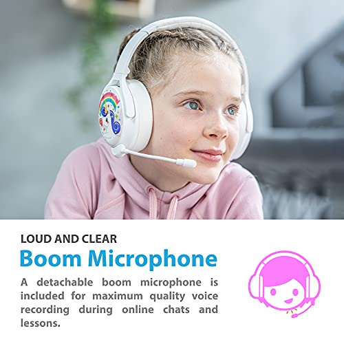 ONANOFF Cosmos+ Active Noise Cancelling Bluetooth Kids Headphones, Over-Ear Volume Limiting with Built in Mic, 24 Hours Battery Life, Unicorn White