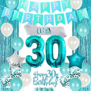 30th birthday decorations for women girls teal - queen sash happy birthday banner cake topper number 30 foil balloon foil curtain for turquoise thirtieth birthday decorations party supplies for her
