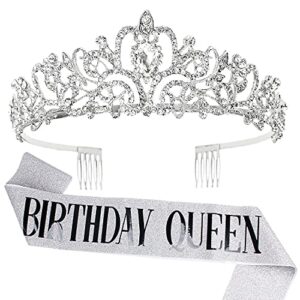 birthday crown & birthday queen sash set, aprince rhinestone tiaras and crowns for women girls silver tiara birthday silver sash princess tiaras queen crowns for birthday prom photoshoot