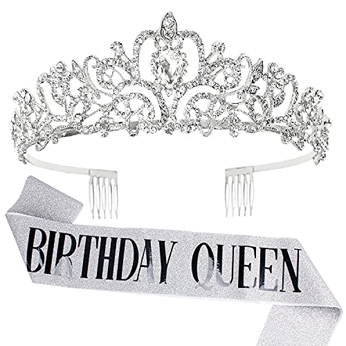 Birthday Crown & Birthday Queen Sash Set, Aprince Rhinestone Tiaras and Crowns for Women Girls Silver Tiara Birthday Silver Sash Princess Tiaras Queen Crowns for Birthday Prom Photoshoot