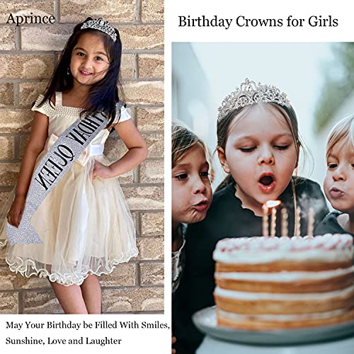 Birthday Crown & Birthday Queen Sash Set, Aprince Rhinestone Tiaras and Crowns for Women Girls Silver Tiara Birthday Silver Sash Princess Tiaras Queen Crowns for Birthday Prom Photoshoot