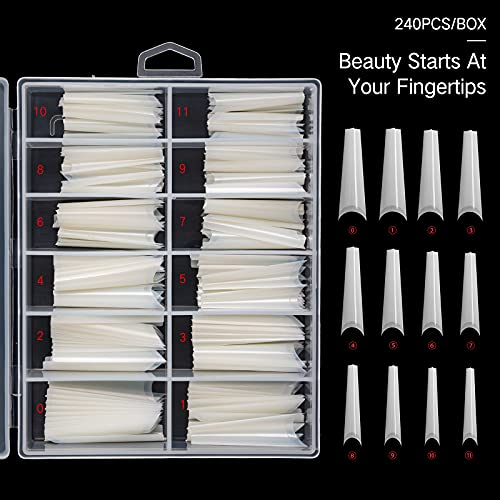 TOEDO 240pcs Extra Long Coffin Nail Tips 12 Sizes Artificial XXL Long Ballerina False Nail Tip with Box for Nail Salon and Home DIY