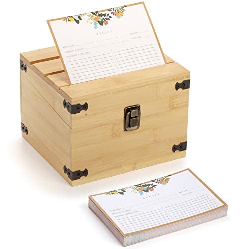 YOUEON Wood Recipe Box with Cards and 3 Grooves, Kitchen Recipe Box with 100 Recipe Cards 4"x6", Wooden Box Set, Rustic Recipe Holder Square , 7.1 x 6.5 x 5.3 Inch, Light Brown