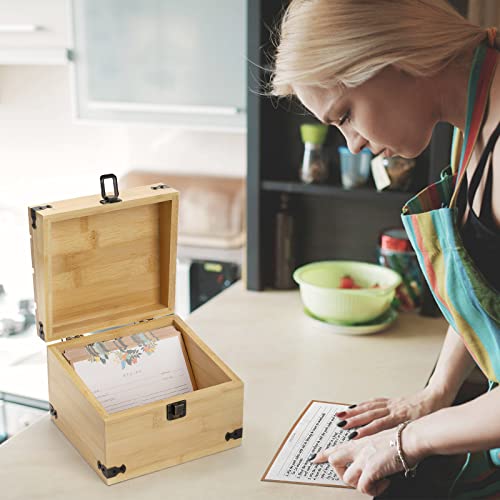 YOUEON Wood Recipe Box with Cards and 3 Grooves, Kitchen Recipe Box with 100 Recipe Cards 4"x6", Wooden Box Set, Rustic Recipe Holder Square , 7.1 x 6.5 x 5.3 Inch, Light Brown