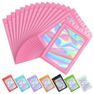 funfery 100 pcs pink mylar holographic bags packaging bags,clear seal resealable smell proof bags foil pouch bags for food storage and lipgloss,jewelry,eyelash packaging for small business(3x4.7in)