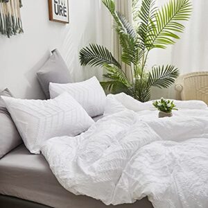 Houseri White Comforter Set Queen Boho Comforter Sets Full Size White Tufted Jacquard Bedding Sets Queen Women Girls Plain White Shabby Chic Farmhouse Bedding Comforter All White Bed Comforter Queen