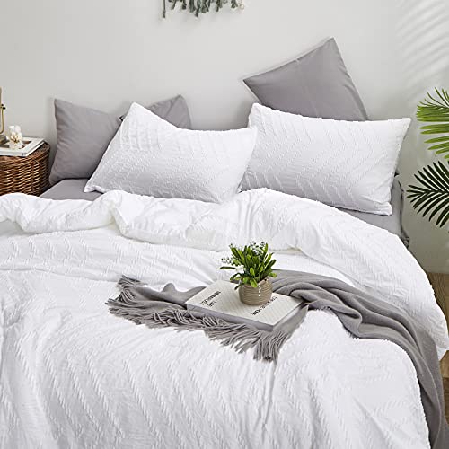 Houseri White Comforter Set Queen Boho Comforter Sets Full Size White Tufted Jacquard Bedding Sets Queen Women Girls Plain White Shabby Chic Farmhouse Bedding Comforter All White Bed Comforter Queen