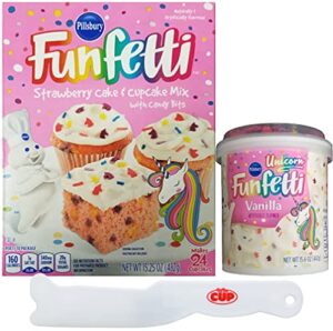 pillsbury funfetti unicorn strawberry cake & cupcake mix and unicorn vanilla frosting with by the cup frosting spreader