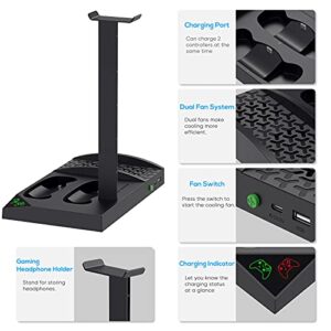 Auarte Upgraded Cooling Fan Stand for Xbox Series S Console,Wireless Controller Dual Charging Station Dock with 2 x 1400mAh Rechargeable Batteries Packs,Headset Holder for Xbox Series S,Black