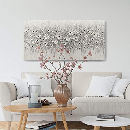 Bedroom Wall Art White Flowers Picture Hand-Painted Oil Painting Framed Canvas Artwork Modern Gallery Plant Decor Wall Decorations for Living Room Office Kitchen Bathroom Size 20x40 inch Ready to Hang